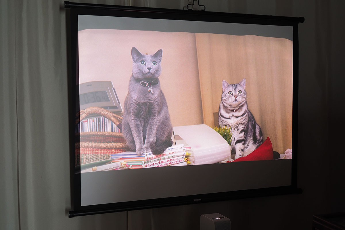 投影できるサイズは22インチから80インチ。小型の本体を机に置き、壁に大画面を投影するなどして楽しめる。スマートフォンやタブレットやPC内にある各種静止画・動画コンテンツを壁に投影することも可能だ。