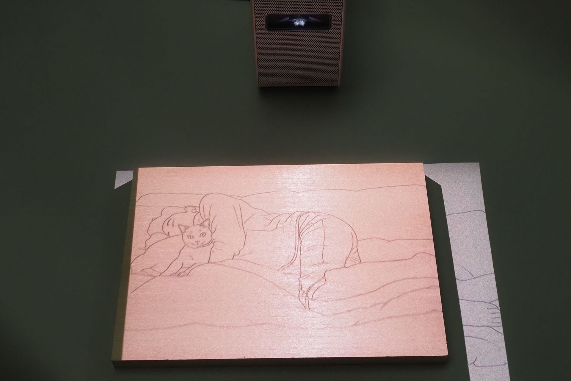 写真が投影された。ただし、投影画像の拡大縮小には対応していないため、投影時にトレース下絵が適切なサイズになるとは限らない。これを想定し、あらかじめ投影する画像を適切なサイズに調節しておく必要がある。