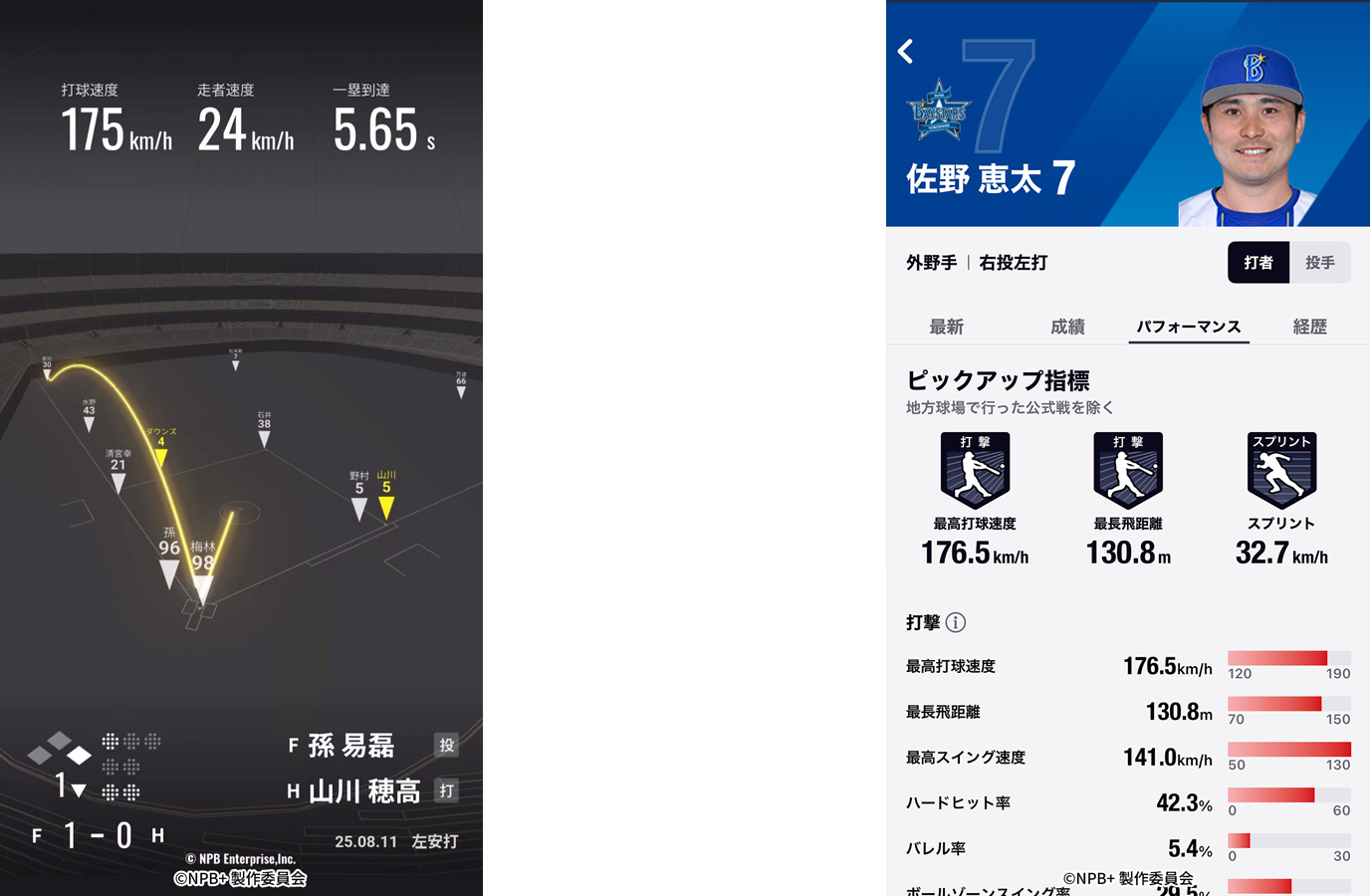 ホークアイによるリプレイ動画／選手詳細ページ