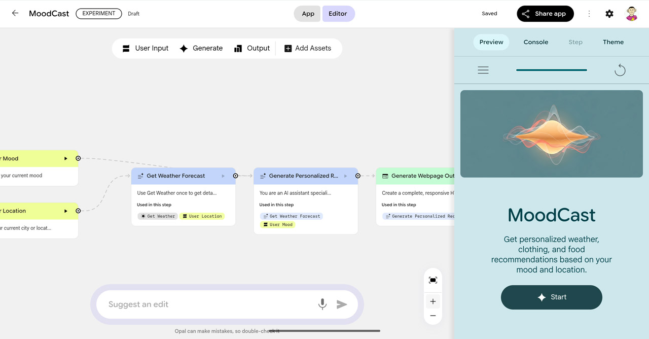 一切のコード入力なしにミニアプリができあがる「Opal」