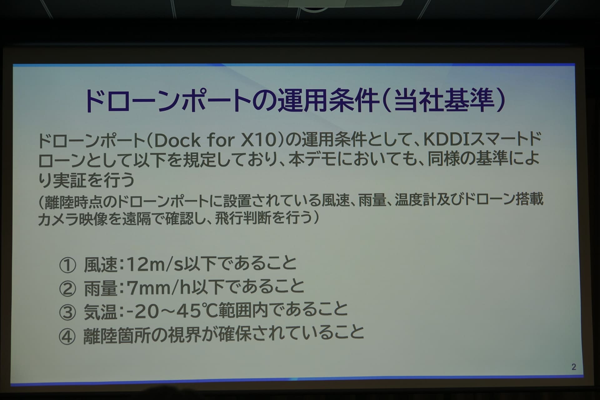 同社基準のドローン運用条件（左）。16日に行われた説明会では、記者の前で遠隔運航が予定されていたが、現地での雨量基準に抵触してしまい、実施が叶わなかった。運航管理画面（右）の降水量を示す「Precipitation」の横にある「Heavy」の文字がむなしく表示されていた