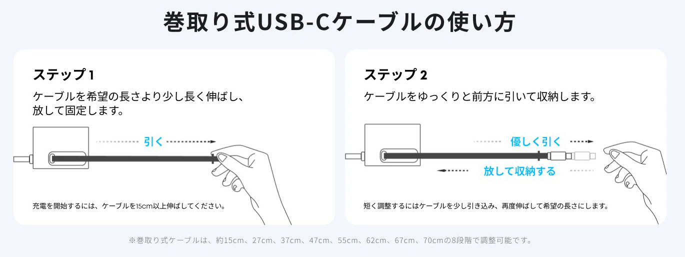 巻き取り式USB Type-Cケーブルの扱い方。※画像はAnker製品ページより抜粋。