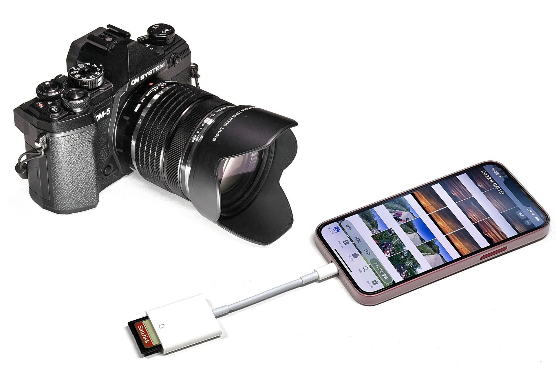 OM-5から撮影済み写真が入ったSDカードを抜き、SDカードリーダーにセット。それをiPhoneにつなぎ、iPhoneの写真アプリで読み込む。