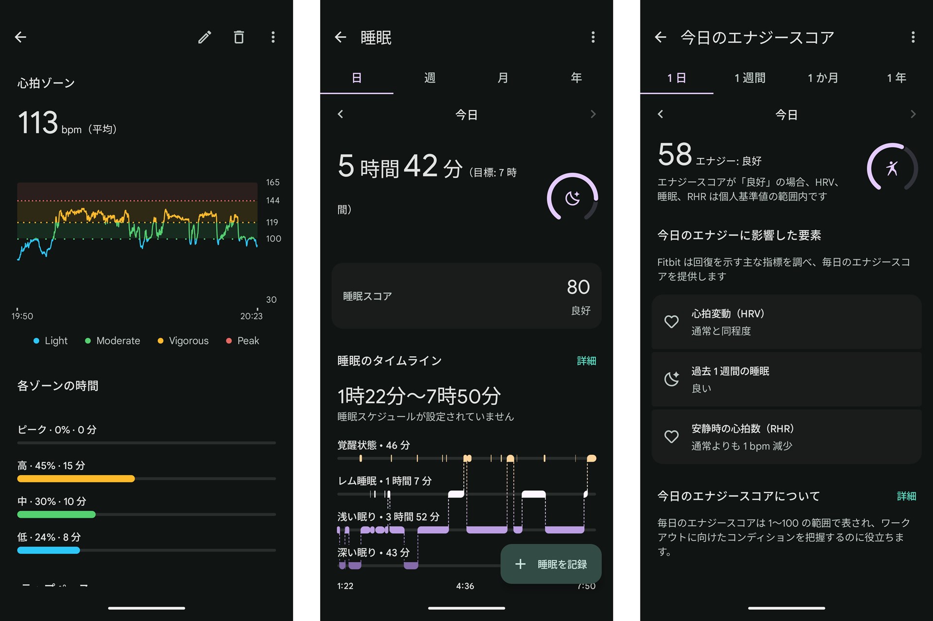 着けているだけで心拍数は自動で計測され、睡眠時には血中酸素濃度レベルなども測定され、睡眠の質が評価される。また、その日にコンディションを示すエナジースコアも表示される