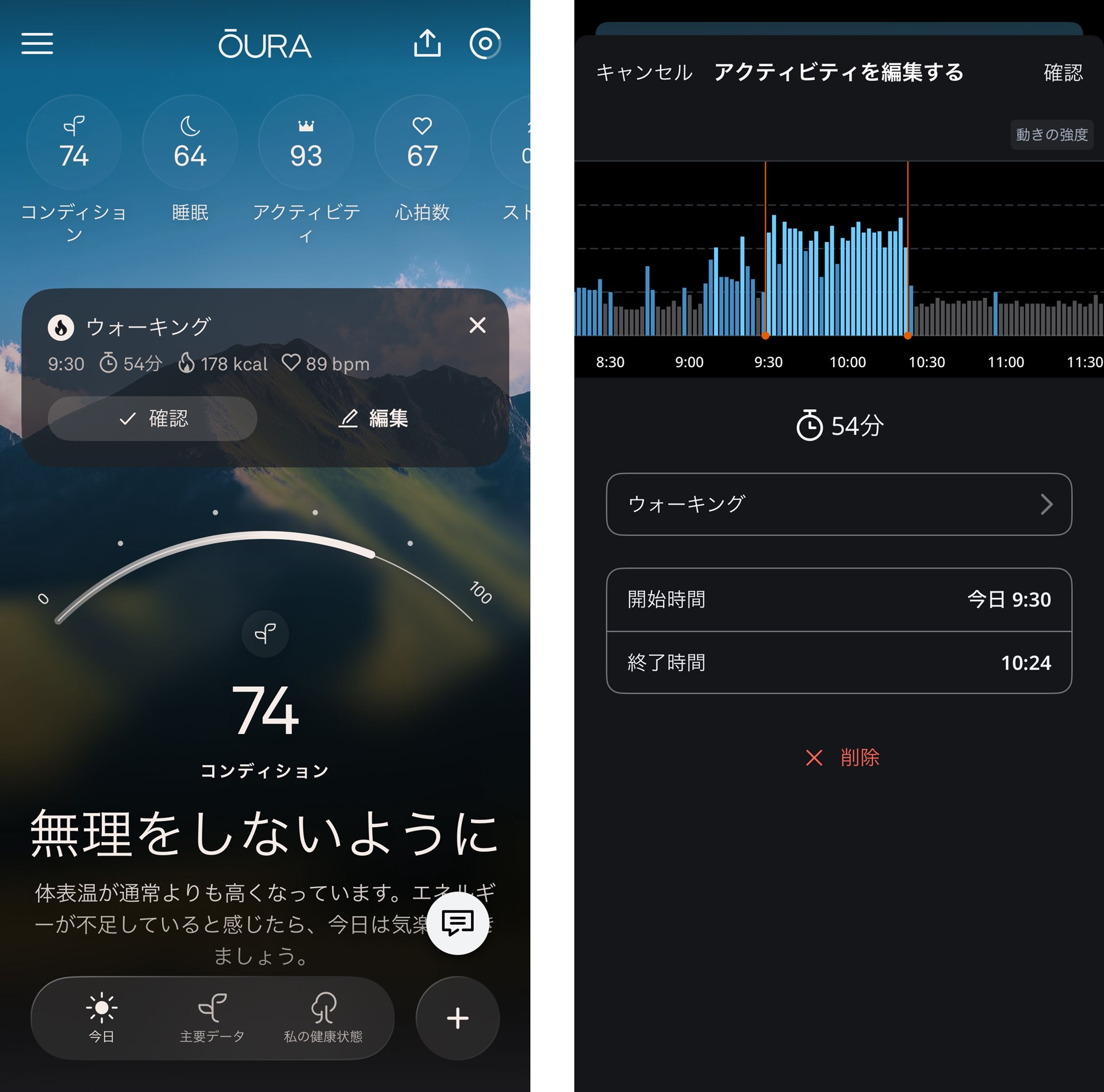 運動が記録されると、「Oura」アプリの画面に通知される。「確認」をタップすると記録される。運動の種目などを変更したい場合は「編集」をタップすると編集できる