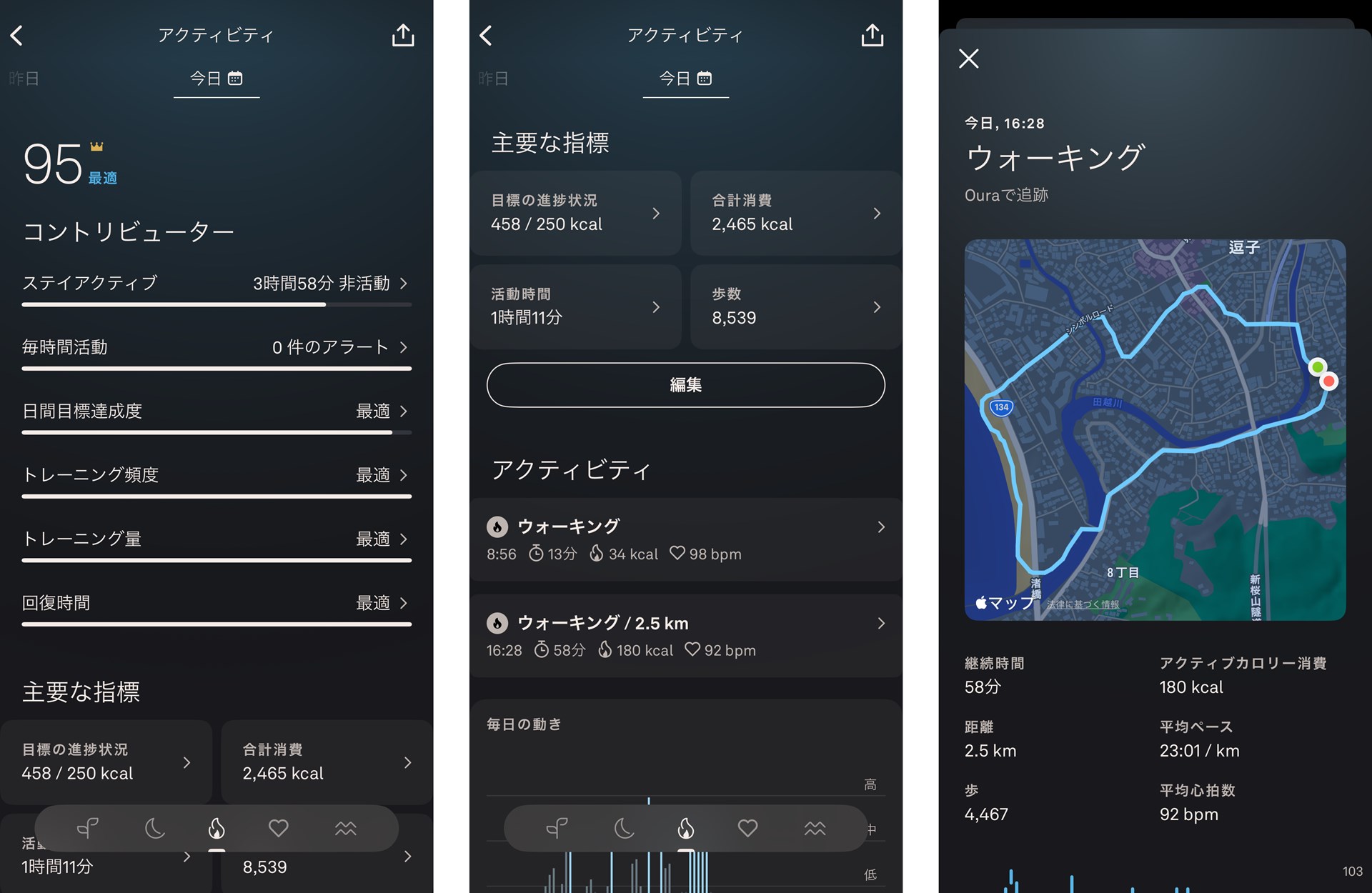 活動量が記録される「アクティビティ」の画面。かなり細かく記録され、スマホのGPSで取得した経路も地図で確認できる