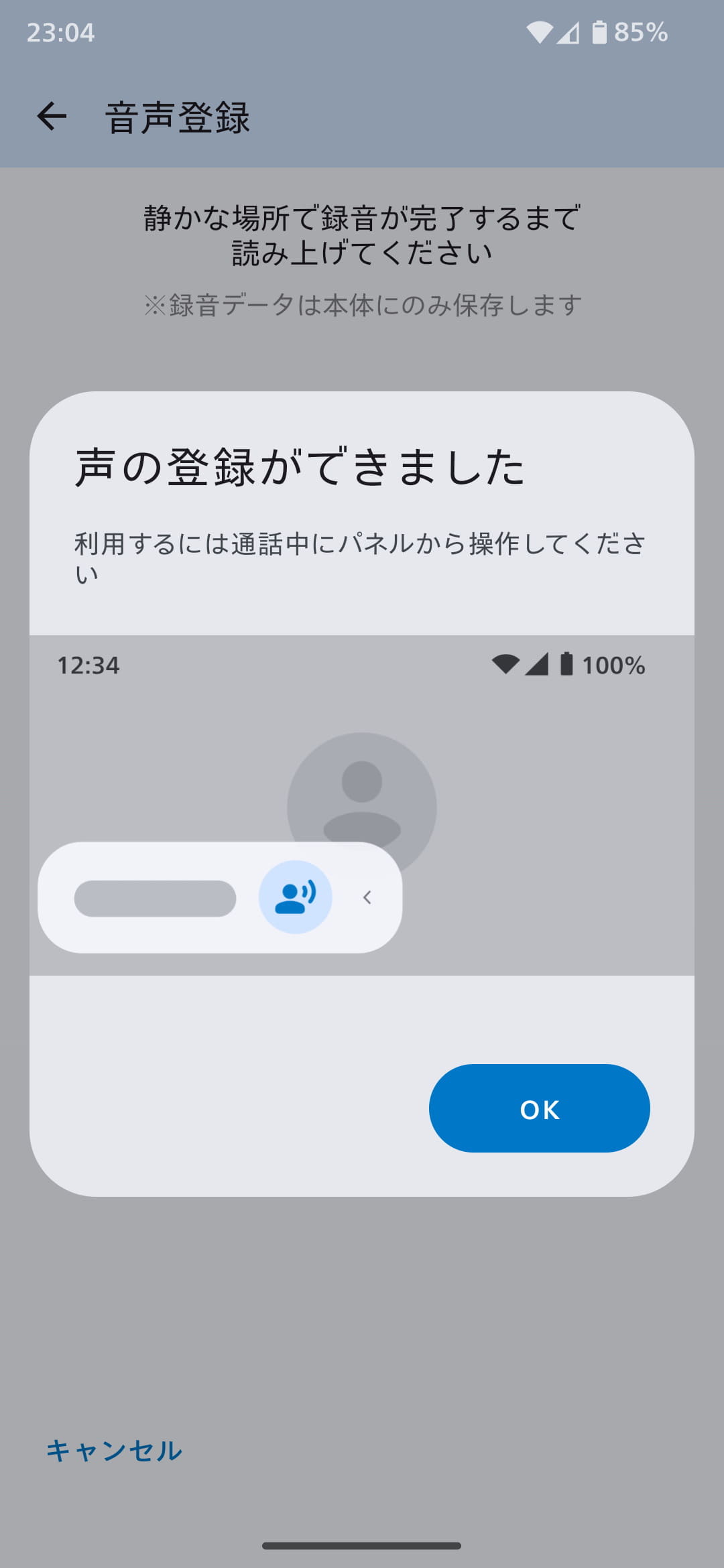 表示された文章をひと通り読むと、声が登録される