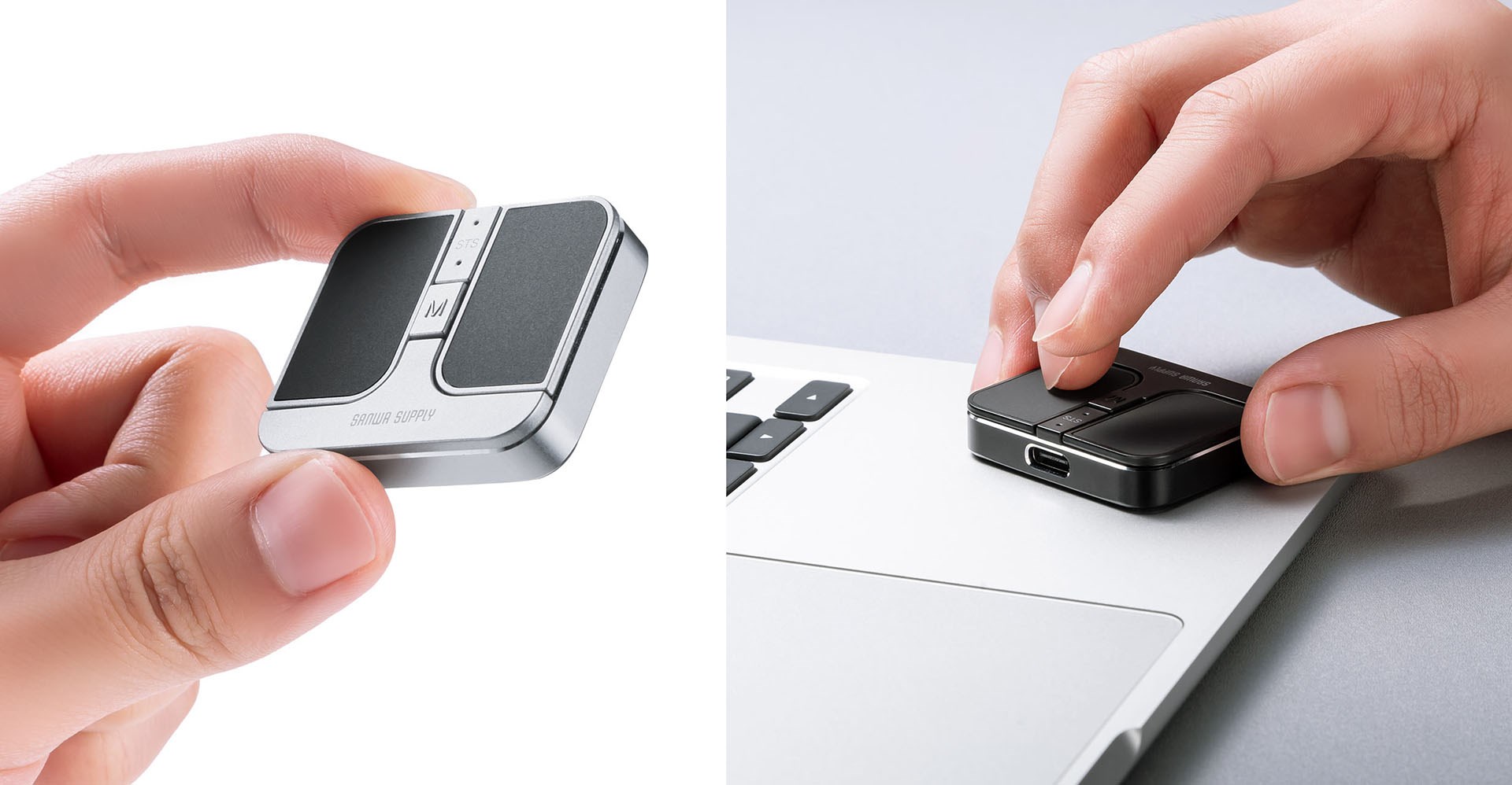サンワサプライの超薄型モバイルマウス「400-MAWB216シリーズ」は、超がつくほど薄くて小さいワイヤレスマウスだ。大きさは約縦4.3×横3.6×厚さ0.88cm。カラーはブラックとガンメタリックが用意されている。