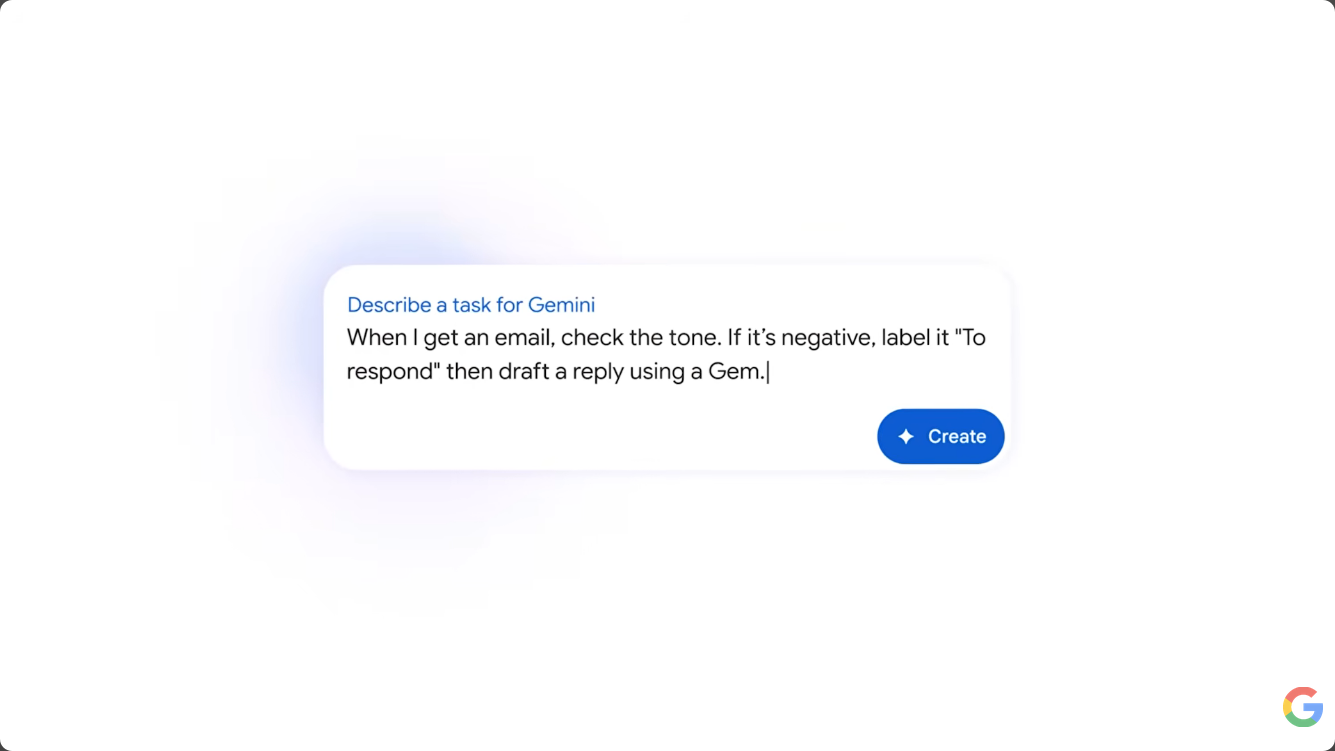 「メールの内容が“ネガティブ”な文面だったら『返信する』ラベルを付けて、Genで返信メールの下書きを作って」というプロンプト。プロンプトを理解して、タスクを自動で生成する