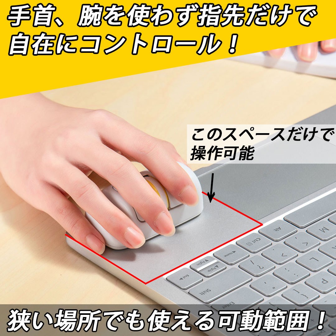 メーカーの「Finger Barrel Mouse i2」広告より抜粋。「そのスペースだけって、頑張ればってコトでしょ？」とか思った。が……。