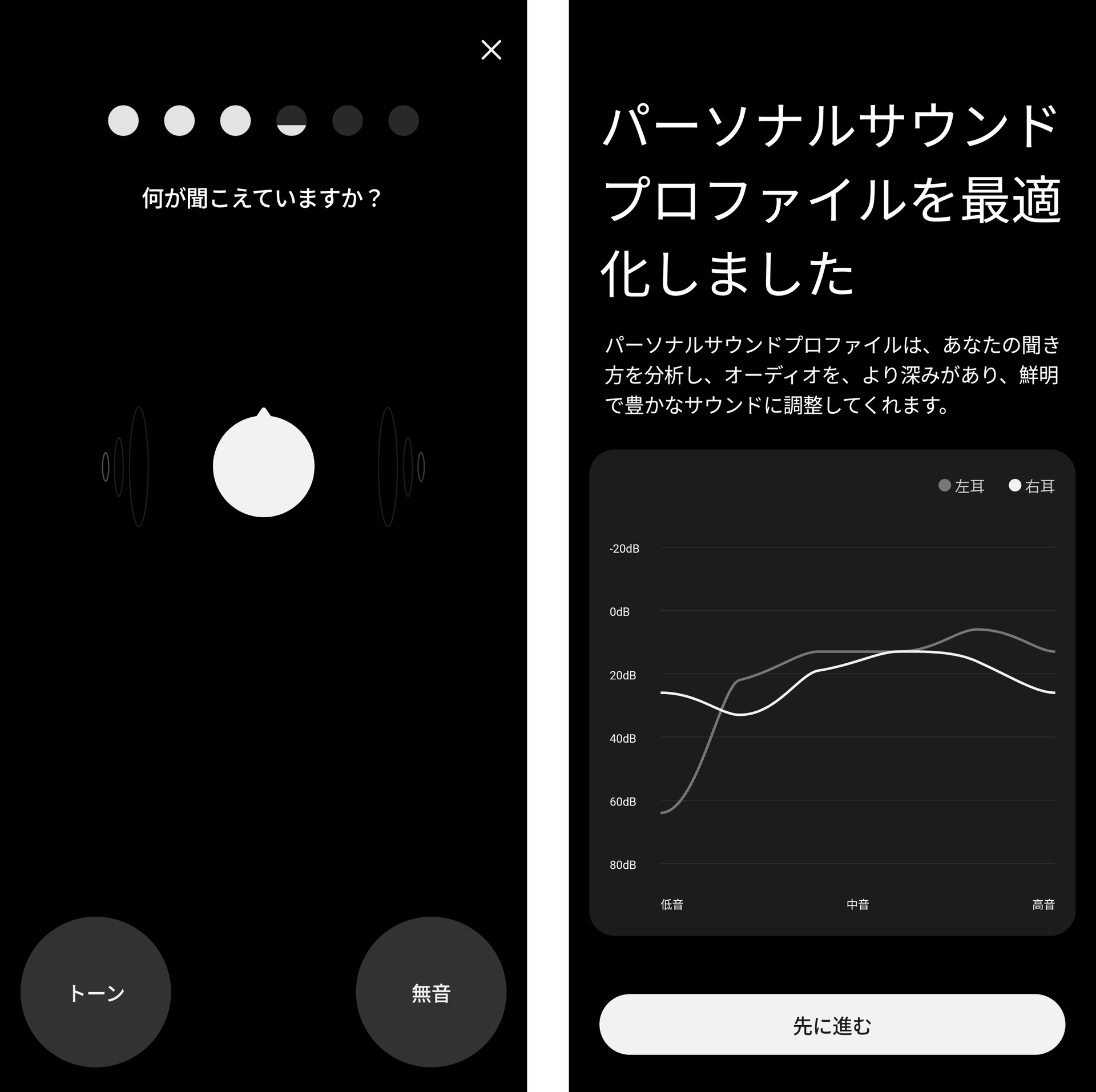 自分の耳の聴こえ方をテストして、最適化してくれる機能も