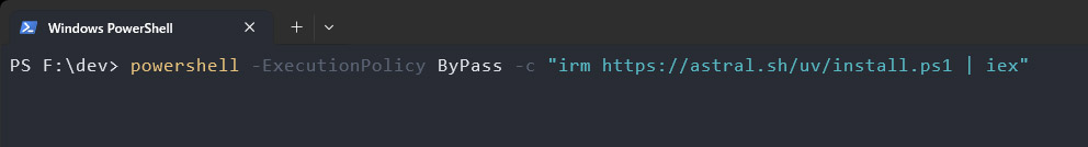 Windows PowerShellで「uv」というPythonのパッケージ管理ツールをインストール。コマンドは「powershell -ExecutionPolicy ByPass -c "irm https://astral.sh/uv/install.ps1 | iex"」