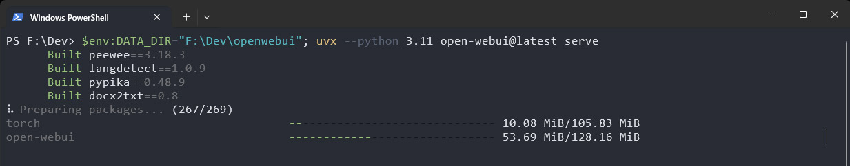 そのuvでopen-webuiをインストールし、任意の作業フォルダを指定して起動する。「$env:DATA_DIR="F:\Dev\openwebui"; uvx --python 3.11 open-webui@latest serve」