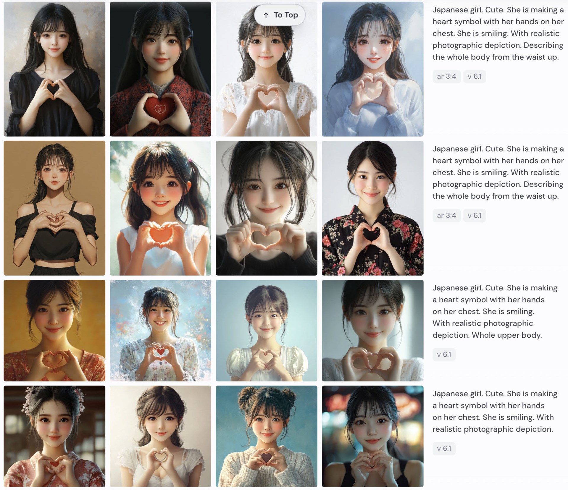 2024年12月にMidjourneyに生成させた「指ハートの女の子」画像。厳密に見ると、ほぼ全部失敗している。まあギリギリ「ツカエる」のもあるが、成功率は10～20％かそれ未満。「これは成功としておこう」という画像でも、指の数や形状がおかしかったりするので、レタッチや合成で不自然さを解消する必要がありそう。
