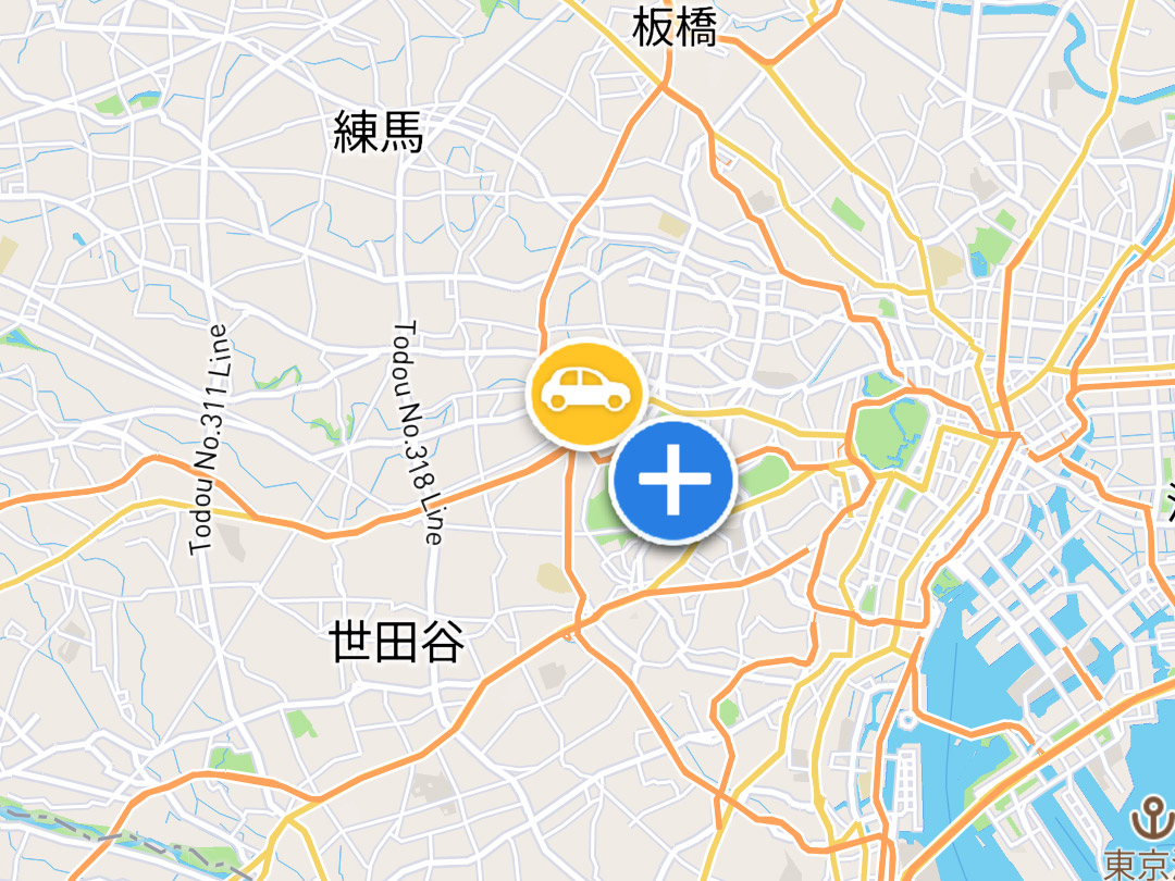 起点がプロットされたら「＋」ボタンで今度は移動先を検索