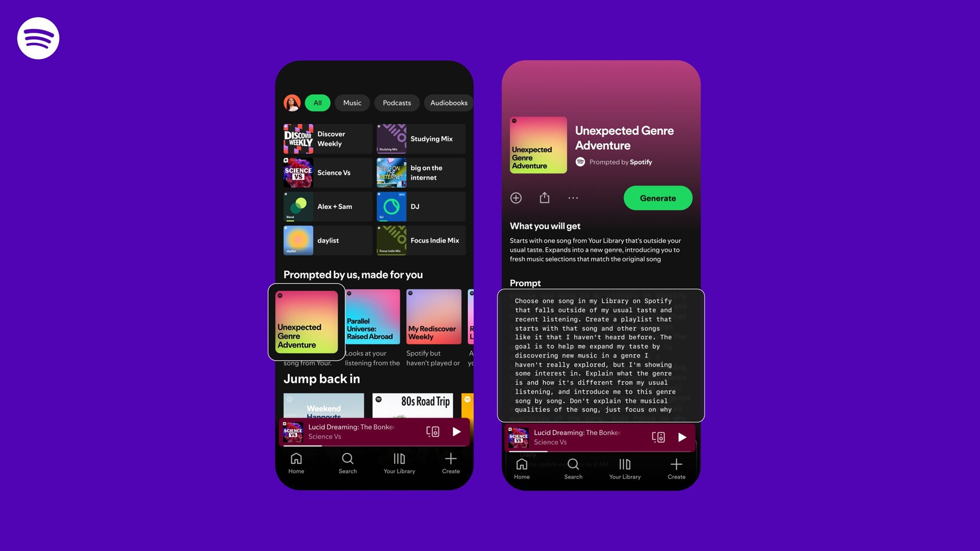 「Unexpected Genre Adventure」など、Spotifyが提供するプロンプトで作成されたプレイリストを楽しめるようだ