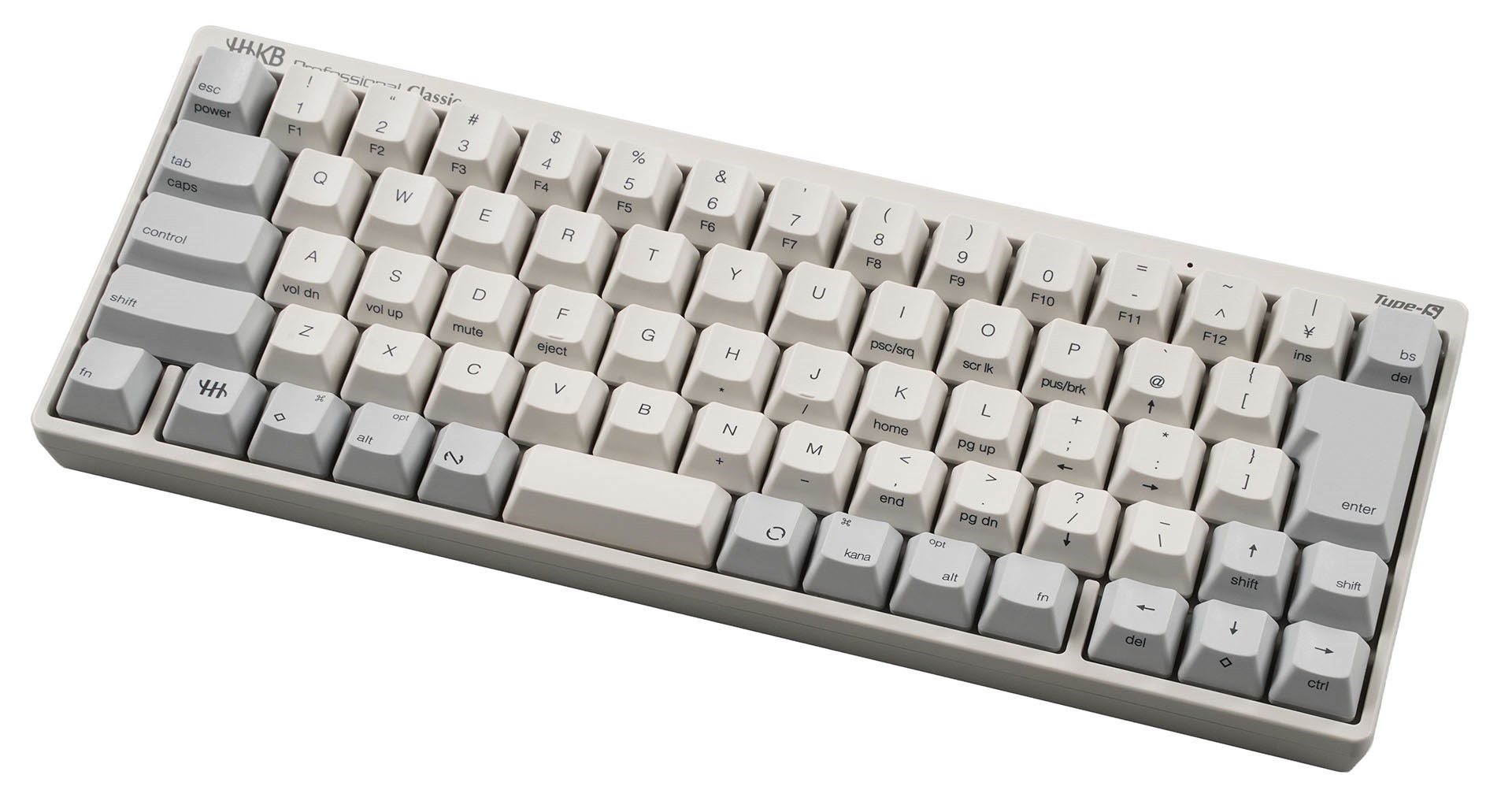 2025年10月21日発売のPFU「HHKB Professional Classic Type-S」。USB Type-C接続のみに対応しつつハイエンドモデルと同じType-Sキーを採用したHHKBのハイコストパフォーマンス・モデルだ。直販価格は税込3万1900円。これは日本語配列版で、右下には矢印キーがある。