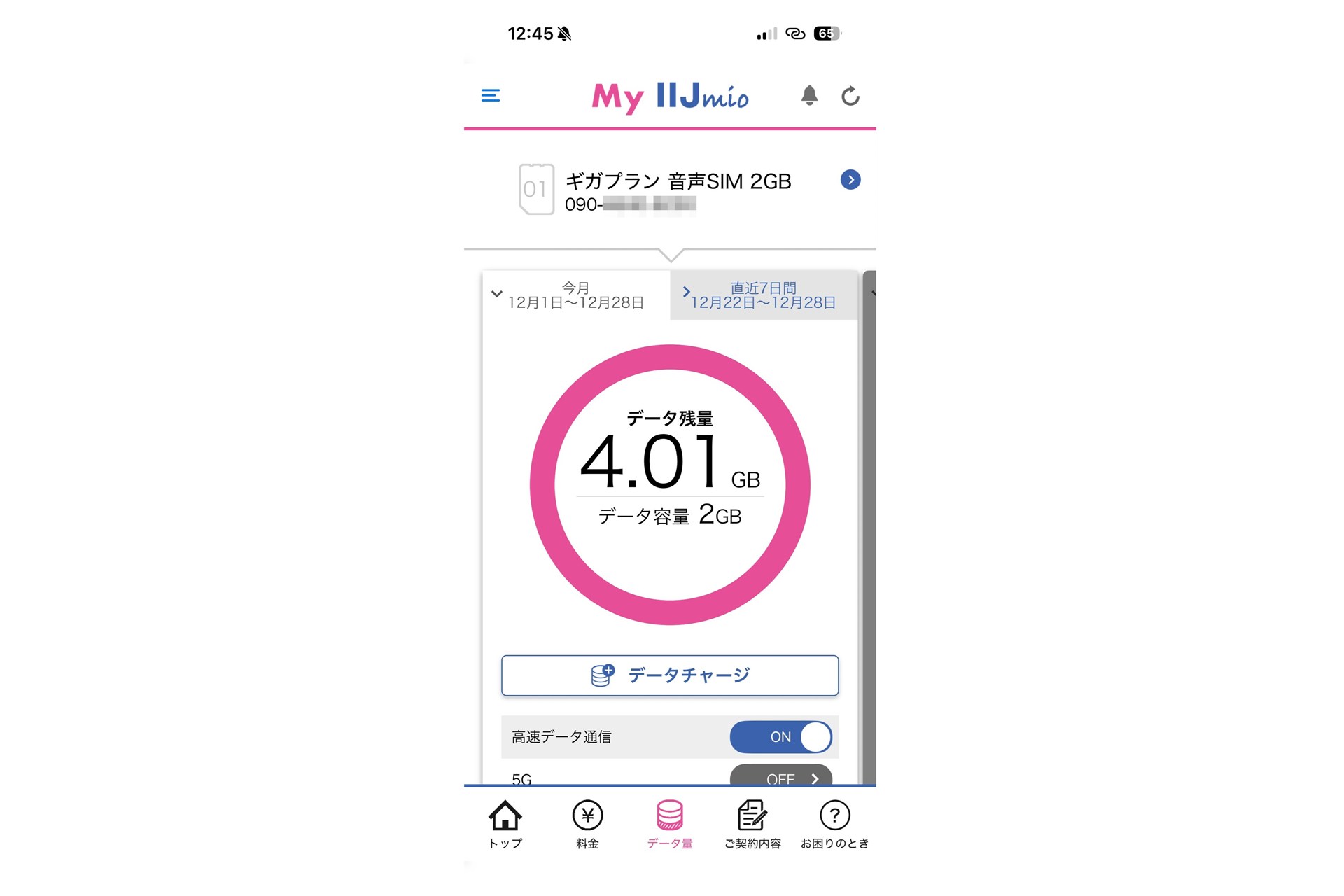2ギガプランを契約している2回線をグループ化。合わせたギガを2回線で使うことに。でも1回線はほぼ使わないので、1回線で繰り越しも含めたデータ容量を使うことになります。