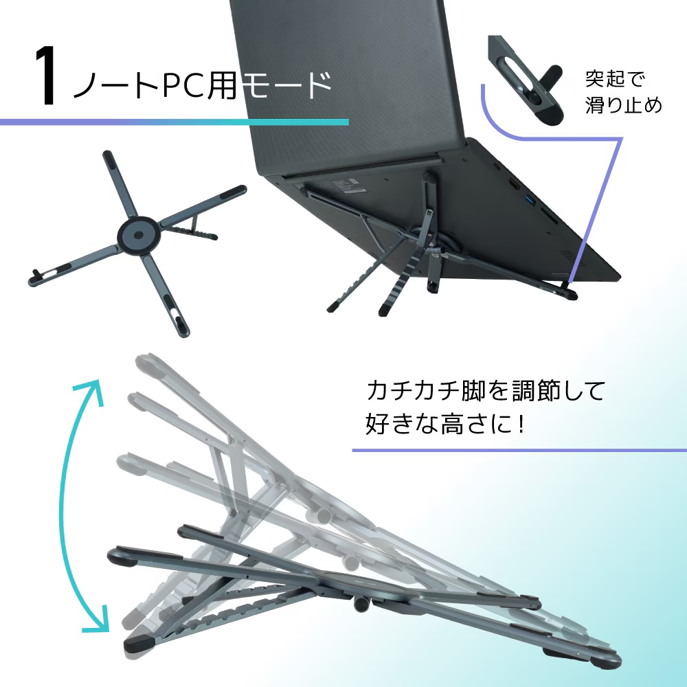 基本的にはPCスタンドなので、このようにノートPC用の傾斜スタンドとして使える。このときに「カチカチ脚」で角度を固定するが、安定性は十分という感じ