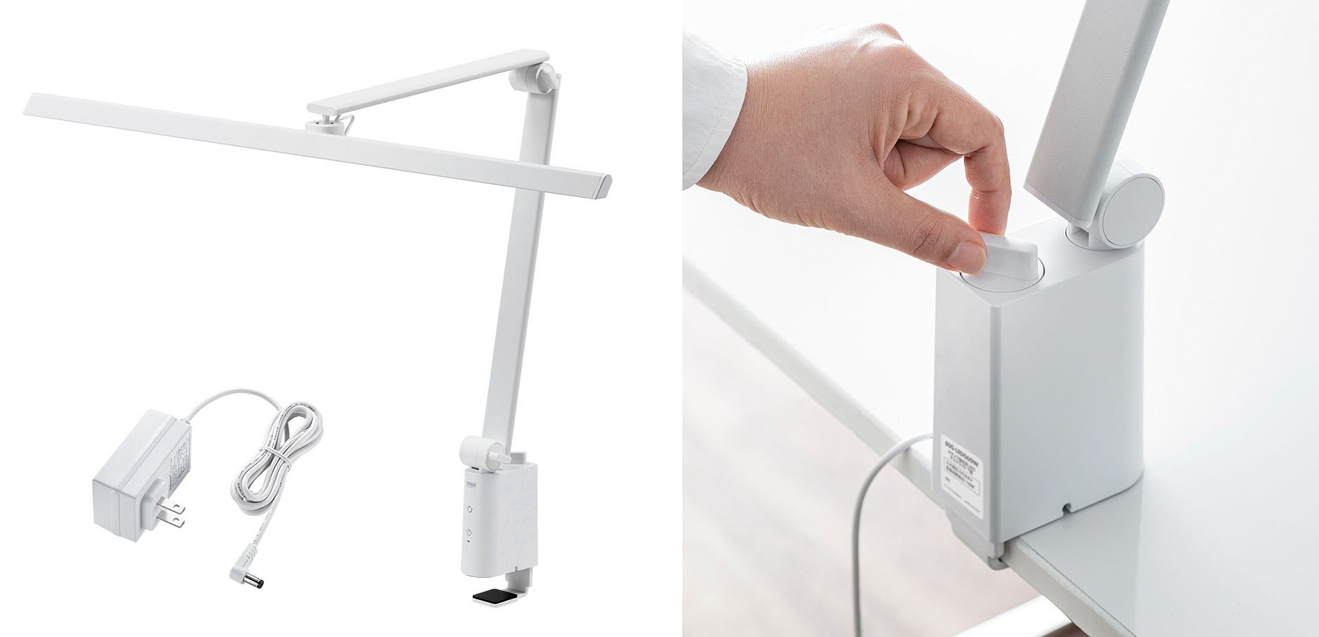 クランプでデスクなどに固定するが、上のツマミで締めるタイプで、クランプ下方への出っ張りもほとんどないので、デスク下側に空間があまりなくても設置可能。デスク下方に手を入れる必要がなく、デスク上方でクランプ締めするので、設置～位置変更が非常に行いやすい。なお、対応天板厚は15～95mmで、クランプ部のサイズ（フットプリント）は90×45mm。デスク下に最も出っ張る金具の厚みは7mm。※画像はサンワダイレクト商品ページから抜粋。