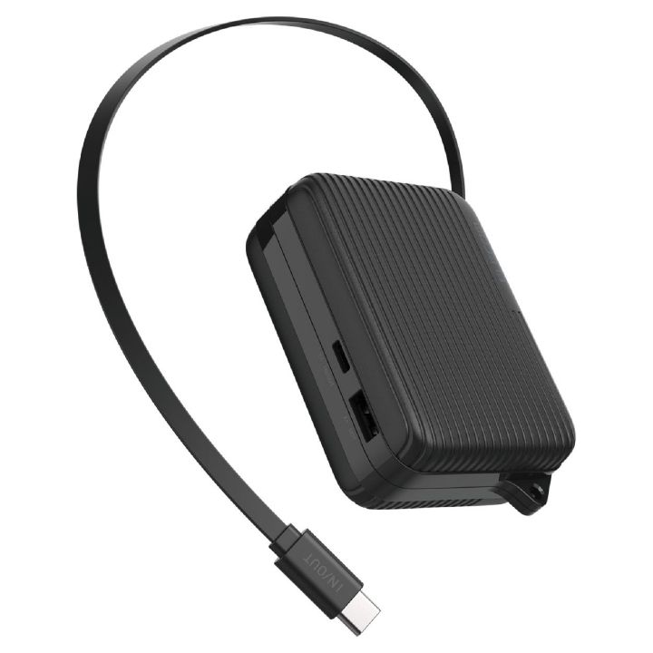 巻き取り式ケーブル一体型モバイルバッテリー(10,000mAh/30W) ブラック