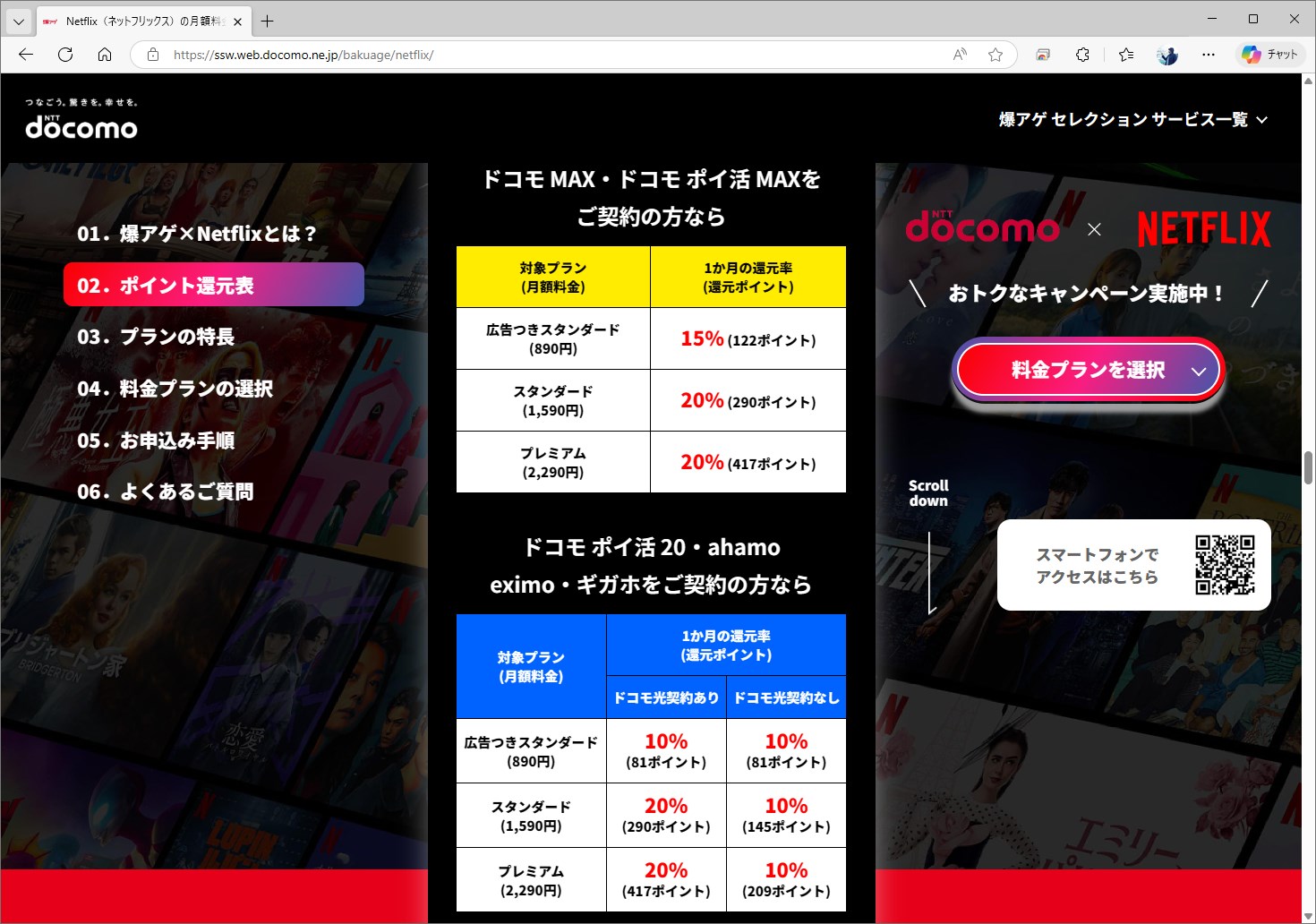 ドコモの爆アゲ セレクションでは、Netflixの10％から20％の還元を受けられる。ドコモユーザーは、爆アゲでdポイントを取るか、LYPプレミアムを取るかを選べる格好になる