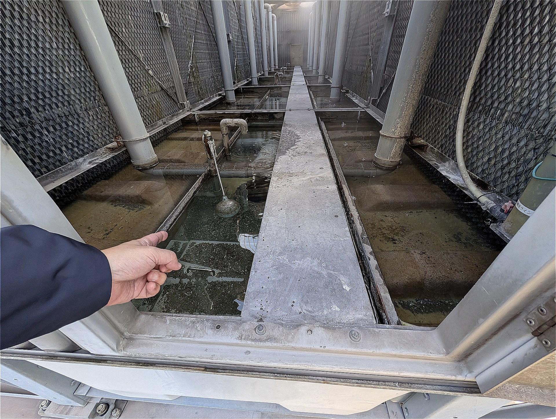 冷却塔の内部。サーバーを冷やした水は熱を持ってここに運ばれる。その水をさらに冷やす場所になる