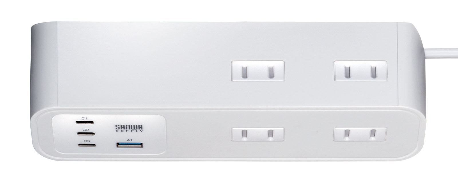 「TAP-B114UC-2」シリーズを真上から見た様子。前方と後方にそれぞれACジャック×2がある。左右に並ぶACジャックの中心から中心までの距離は約5cm。ACジャック間の隙間は約2.5cmある。前方ACジャックの中心から机面までの距離は約3cm。わりと余裕をもった配置なので、ACアダプターなどを隣り合わせにして挿せることが多い。