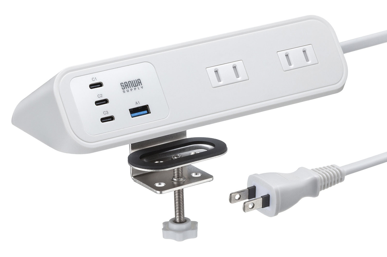 本体前方左側に4つのUSB給電ポートが並ぶ。USB-A×1ポート、USB-C×3ポートで、給電はUSB PD 65Wに対応する。なお、クランプ部や電源ケーブルは外すことはできない。電源ケーブルの長さは2m。