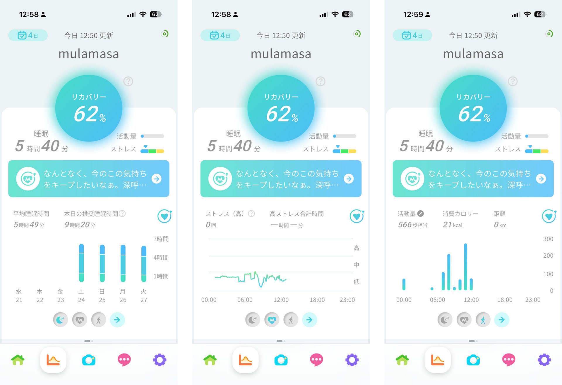 左から、睡眠、ストレス、活動量の画面。リカバリースコアは常に表示される