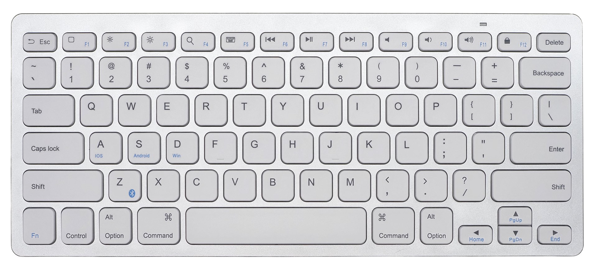 iOSやAndroid、macOSやWindowsに対応したUS配列Bluetoothキーボードで、キー配列は標準的なもの。フツーに違和感なくタイプできる。