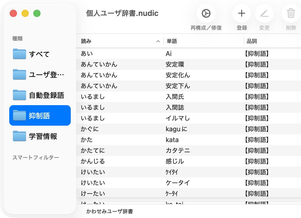 「かわせみ4」で変換中、「この単語は候補に出さないでほしい」というものは「抑制語」としてその場で登録できる。十分な学習が済むまでは、この「抑制語」登録によって「ヘンな変換」を減らしていけるが、これを行うとハイペースで「かわせみ4」が賢くなっていくのがよくわかる。