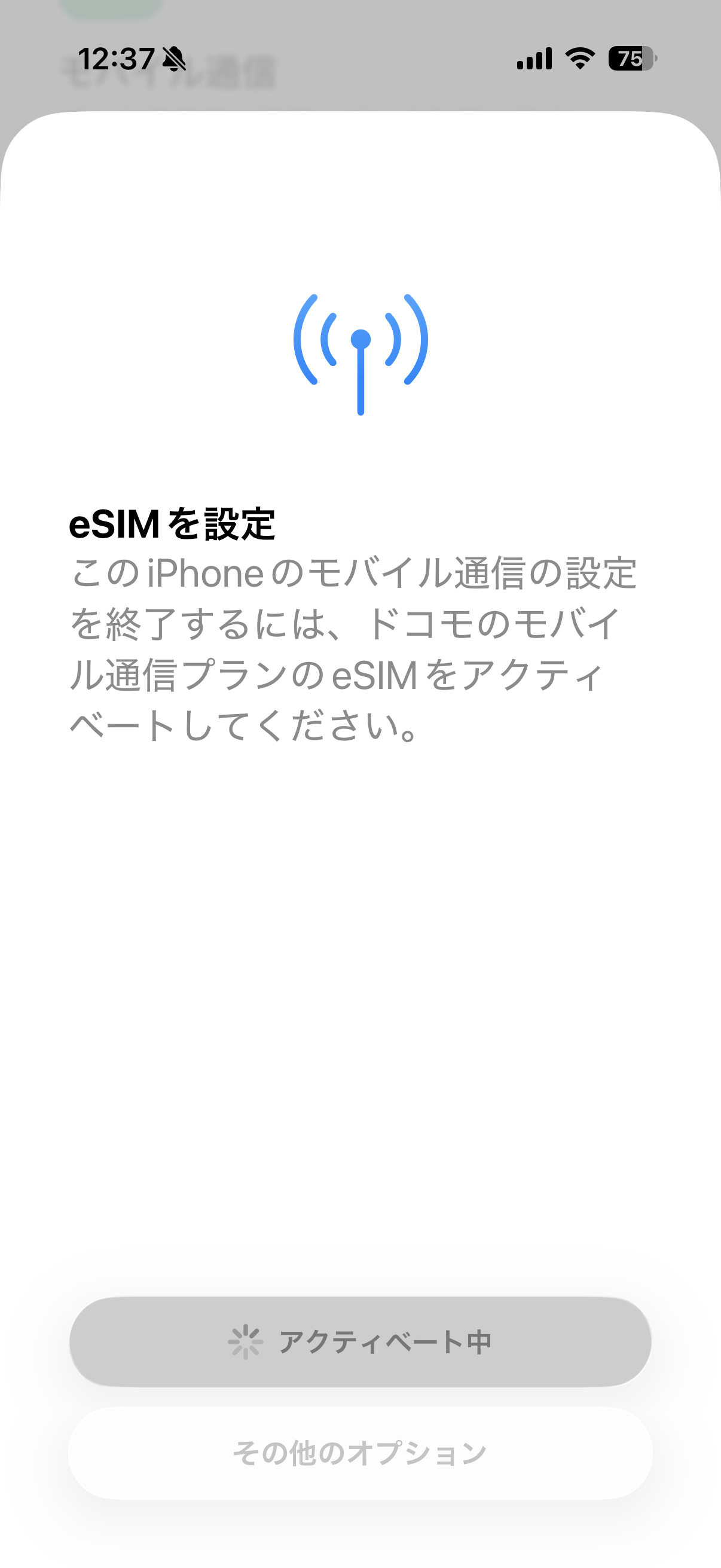 eSIMの有効化には少し時間がかかるので、完了するまでそのまま待つ