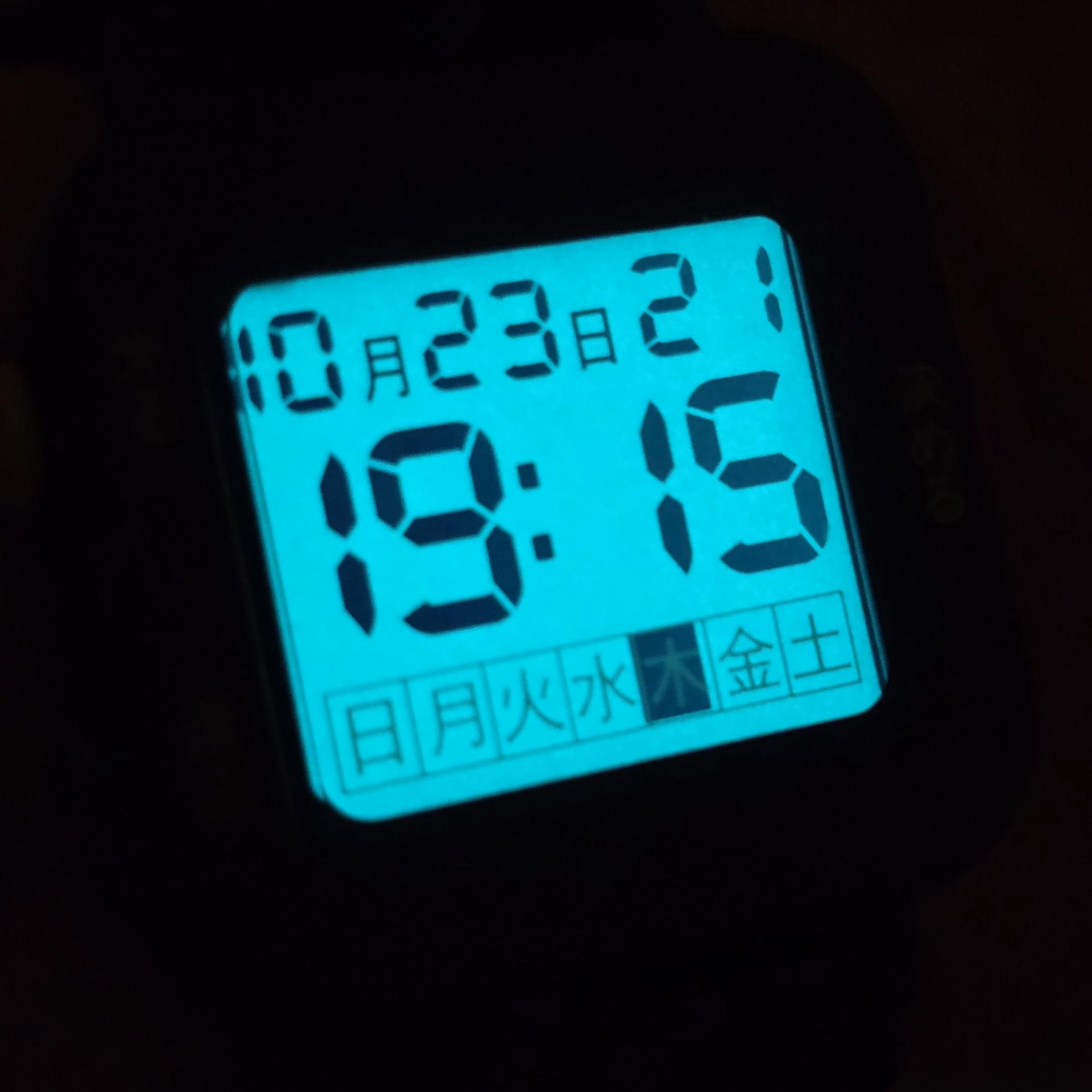 暗闇で黄色いボタンを押した状態。バックライトが液晶全体を明るく照らし出す