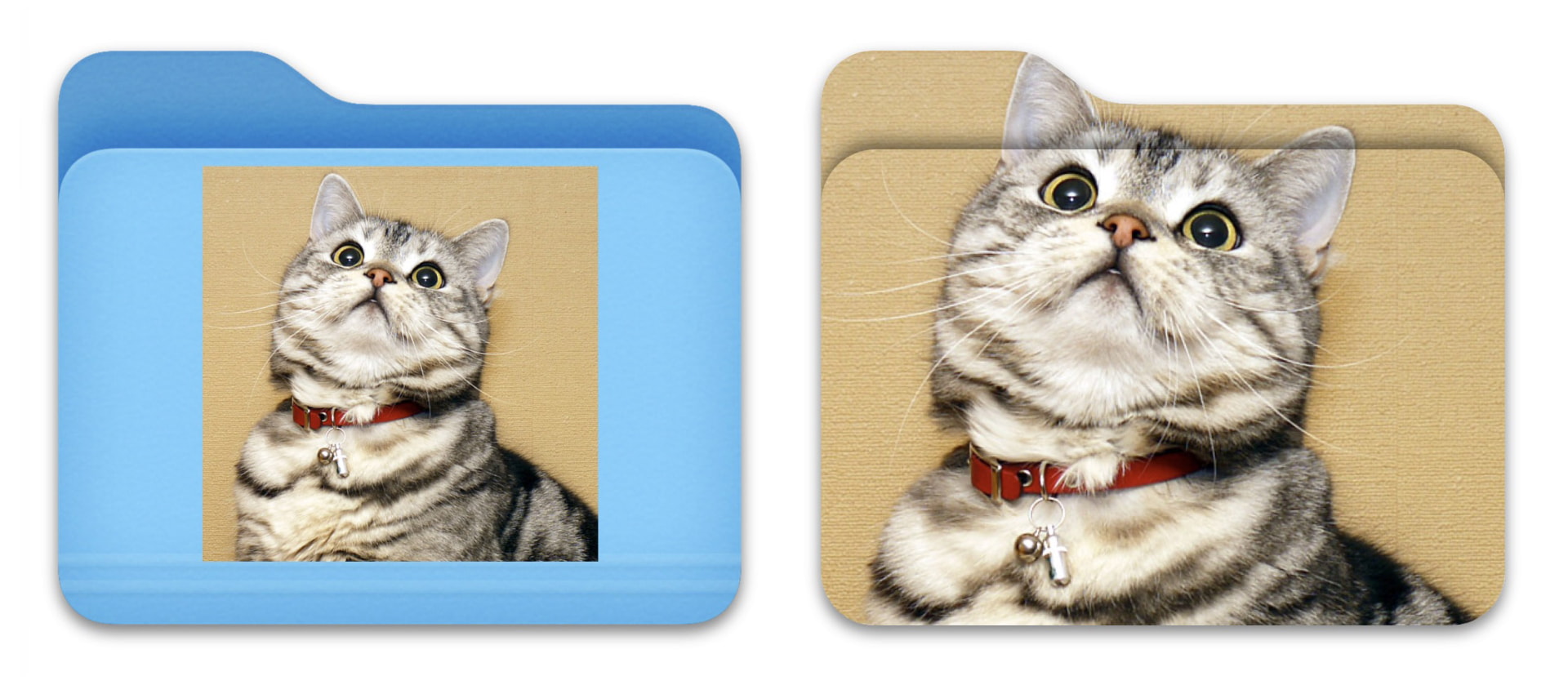 画像をドロップし、次いで画像を貼りたいフォルダをドロップすると、画像入りフォルダが自動作成される（ドロップ元のフォルダに画像が貼られる）。画像の配置位置も選択でき、フォルダ全体を画像にすることもできる。