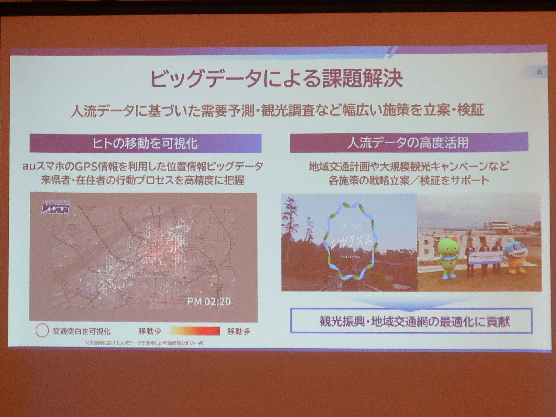 auのスマートフォンの位置情報を利用したビッグデータを活用し、来県者や在住者の行動を高精度に分析し、需要予測や観光調査に活用