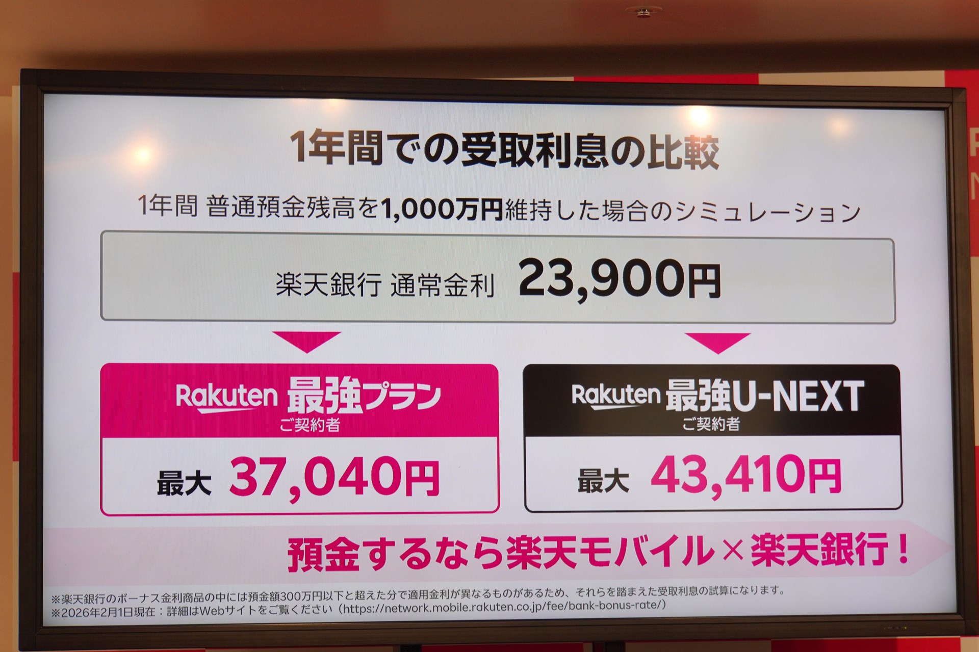 上限いっぱいの1000万円預けた際に受け取れる利息。ただ、差額は6370円にとどまる。U-NEXTに興味がない人は、無理に料金プランを変更する必要はなさそうだ