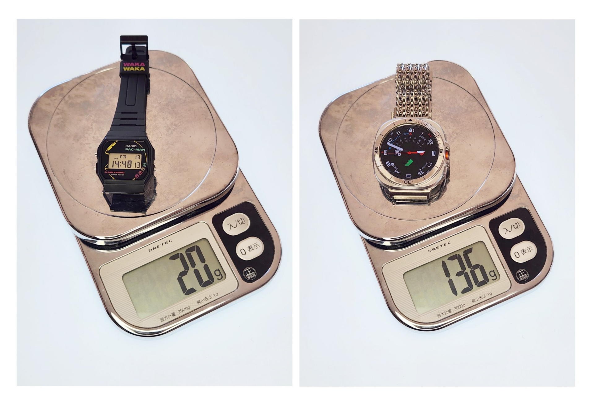 左：パックマンモデル（20g）、右：Galaxy Watch Ultra（136g）。その差は約6.8倍に達する