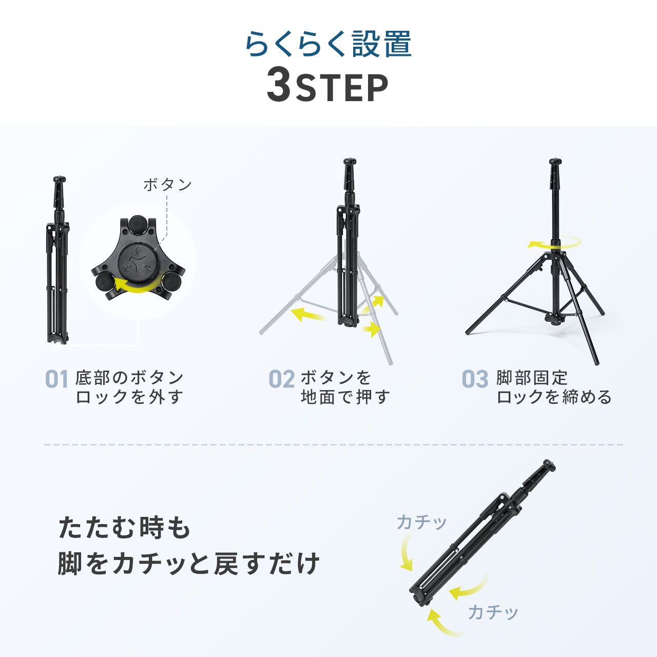 三脚底部にロック付きボタンがあり、そのロックを外し、ボタンを地面で押すと脚が自動展開するというしくみ。
