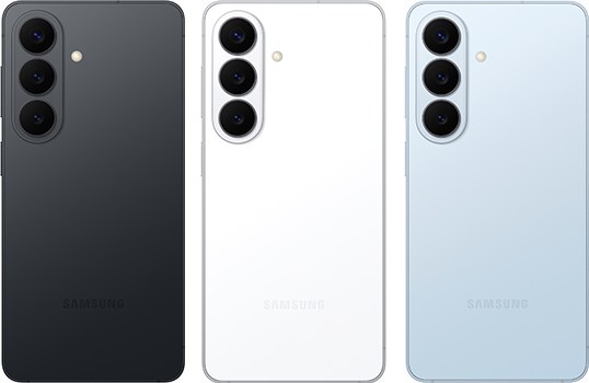 Galaxy S26。左からコバルトバイオレット、ブラック、ホワイト、スカイブルー