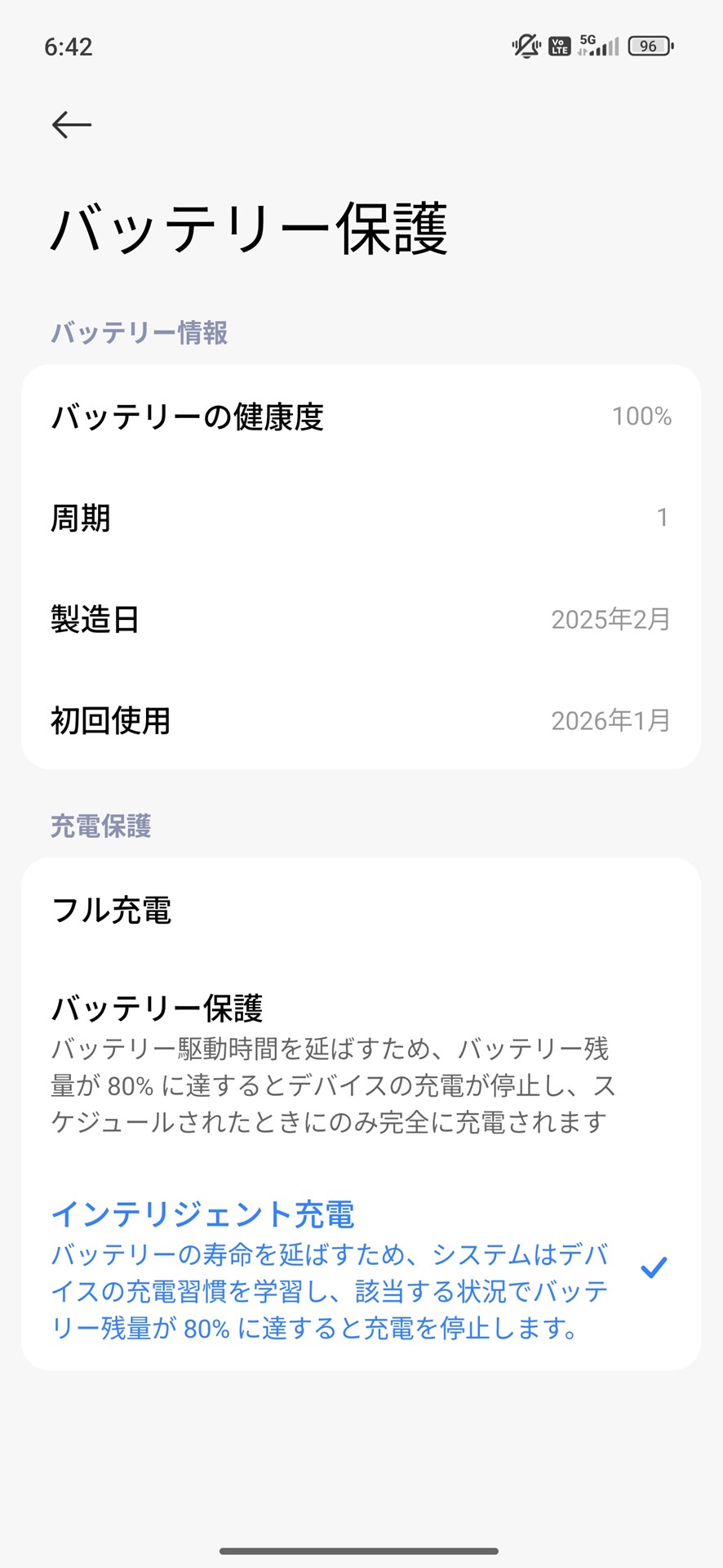 ［設定］アプリの［バッテリーとパフォーマンス］-［バッテリー保護］ではバッテリーの状態を確認したり、充電時のバッテリー保護の設定が可能