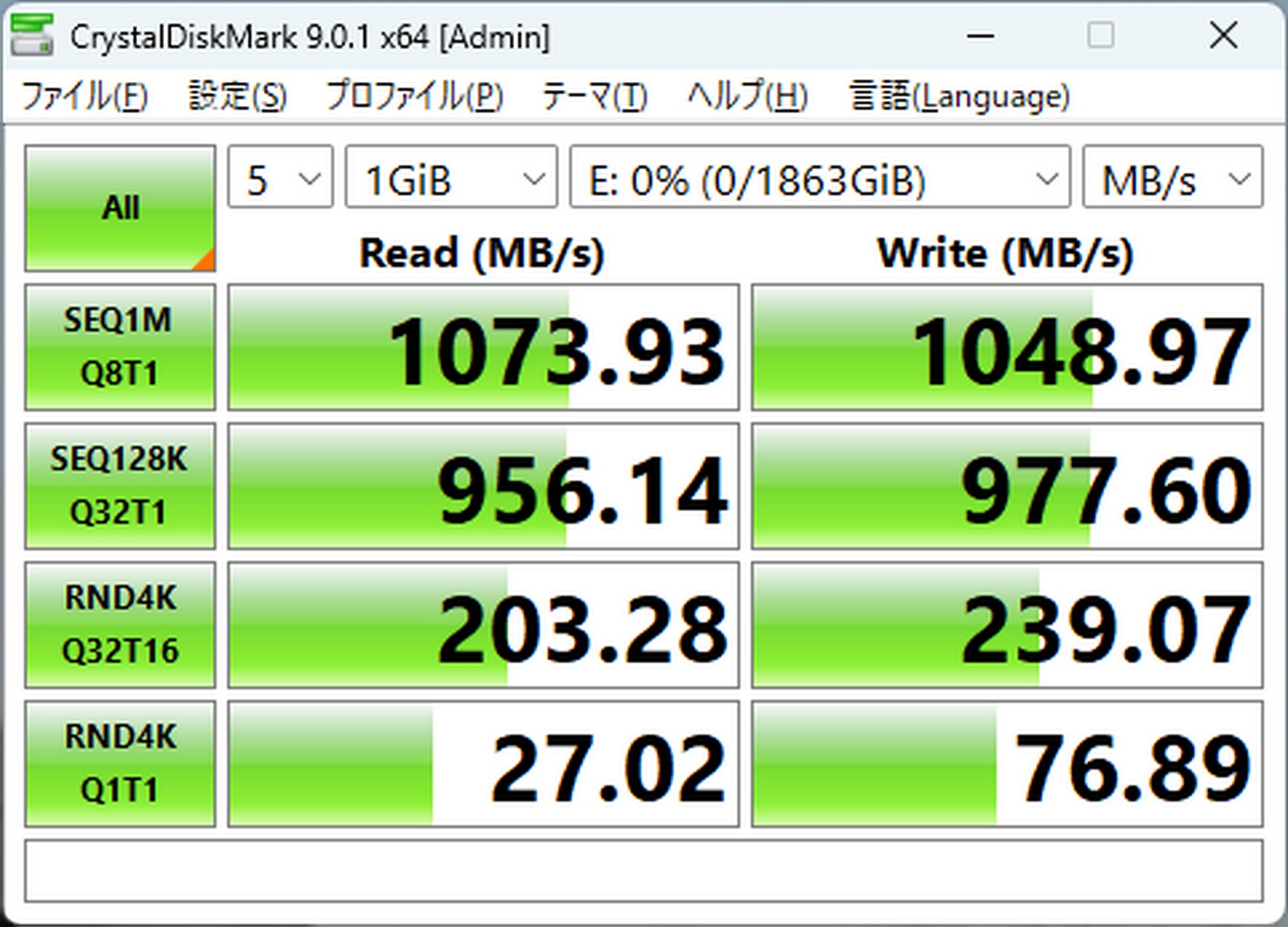 リード、ライトとも1000MB/sを超えており、USB 3.2 Gen2の速度が発揮されることは確認できた