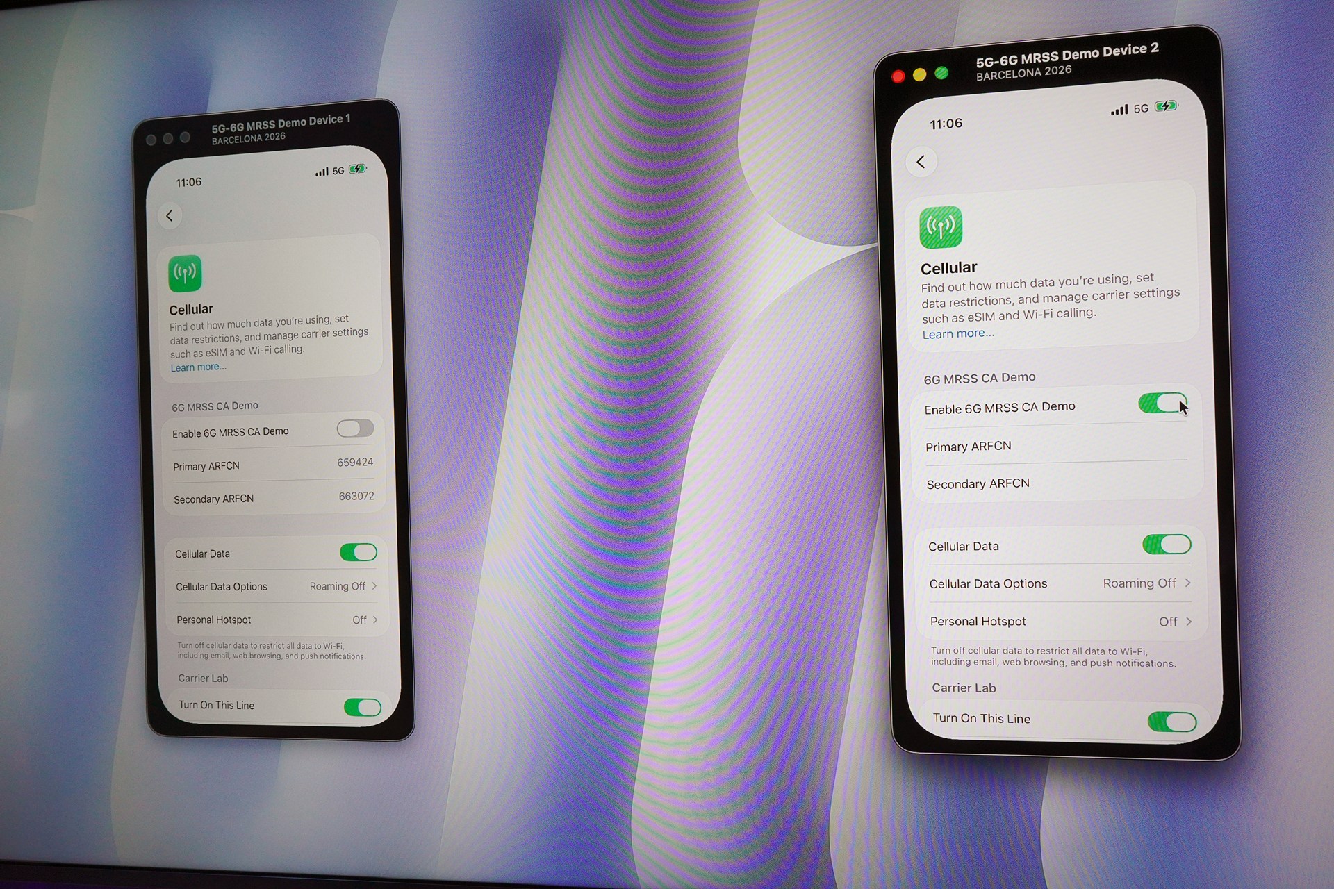 iPhoneと思われる謎の端末。左が5G、右が6Gをオンにした状態で、同じ周波数を共用する