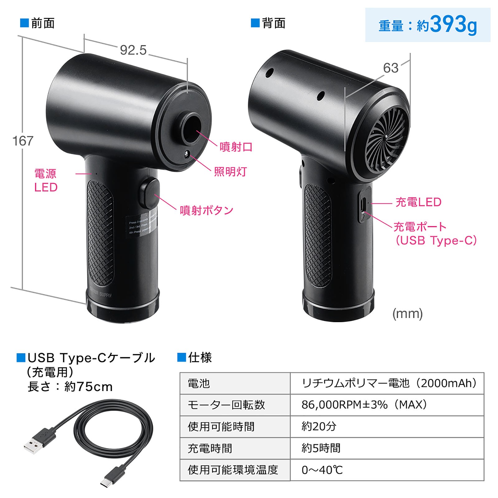 LEDランプは充電ポート横に埋め込まれている。