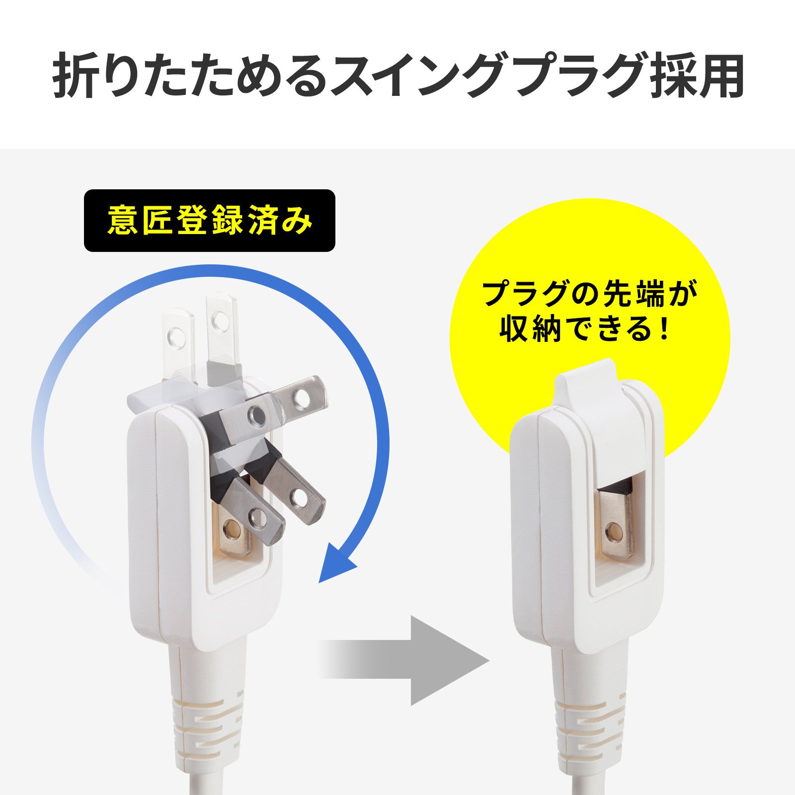 360度近く回転するスイングプラグ式。これが実に便利♪　サンワサプライの登録意匠（特許登録品）だそうだ。