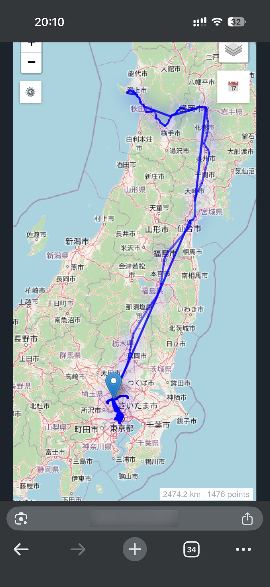 Dawarichに移動履歴データを読み込ませると、Googleマップのタイムラインのように表示されます。