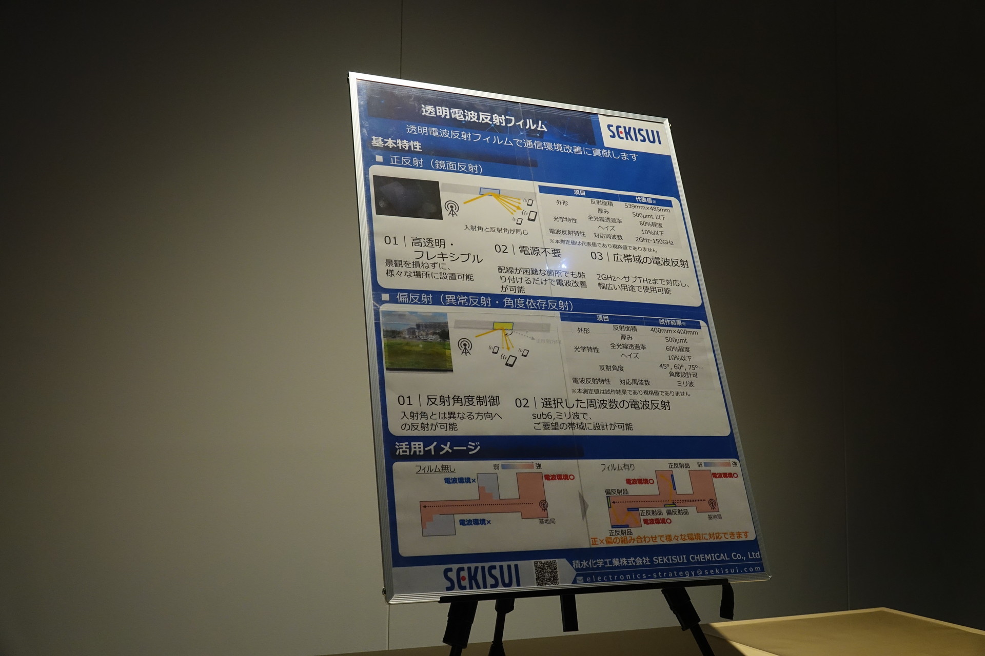 「透明電波反射フィルム」（積水化学工業）。説明パネルの表面に同素材が貼付されている