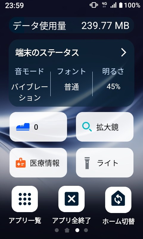 ［シンプルホーム］のホーム画面で、左方向にスワイプすると、データ使用量や設定内容、便利ツールなどの画面が表示される