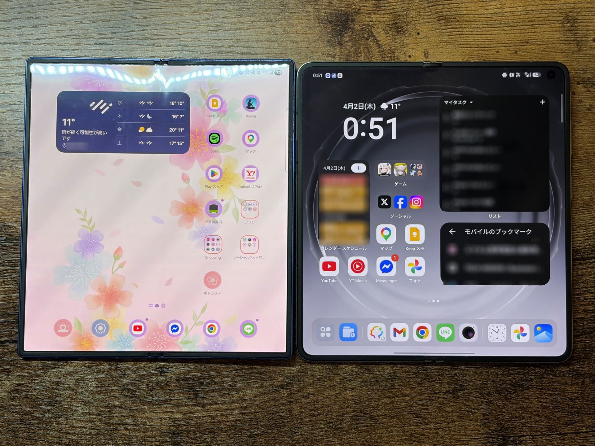 2機種を比較、左が「Galaxy Z Fold7」、右が「OPPO Find N6」