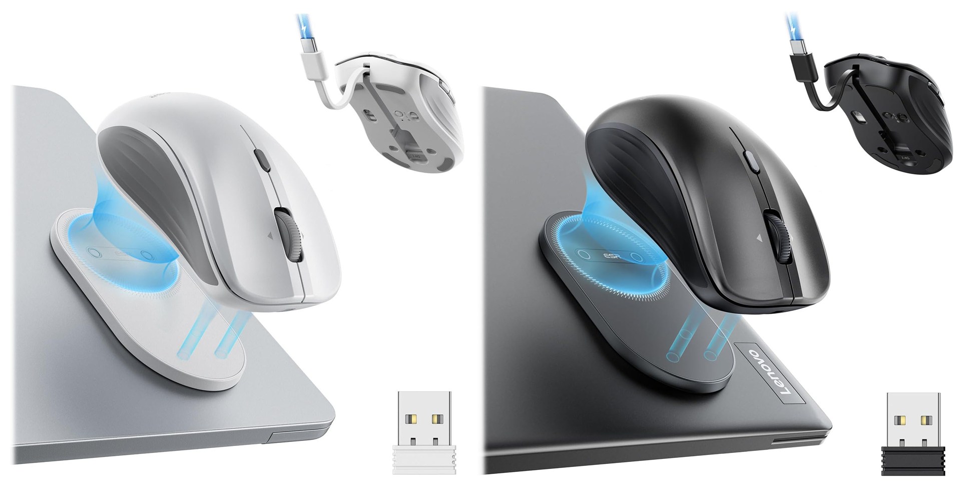 「ESR MagMouse」は付属のマグネットベースによりノートPCの天板などにマグネット吸着するワイヤレスマウス。Bluetooth（5.0）およびUSBワイヤレスドングル（2.4GHz）で端末に接続できる。充電用USB-Cケーブルを内蔵。カラーはホワイトとブラックがある